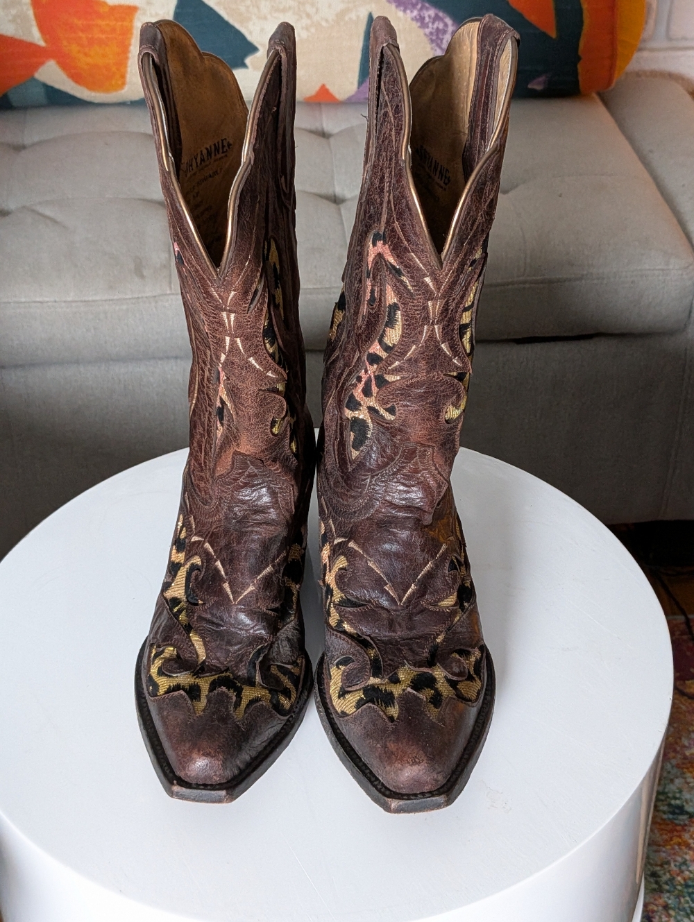 Shyanne Brown Leather Western Boots Leopard Inlay Made in Mexico Size 6 - Picture 2 of 8